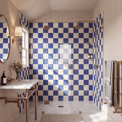 Village 5x5 Checkerboard Glossy Ceramic Tile in White and Royal Blue