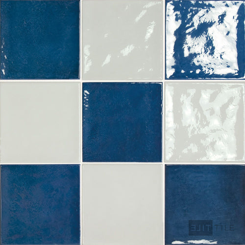 Village 5x5 Checkerboard Glossy Ceramic Tile in White and Royal Blue