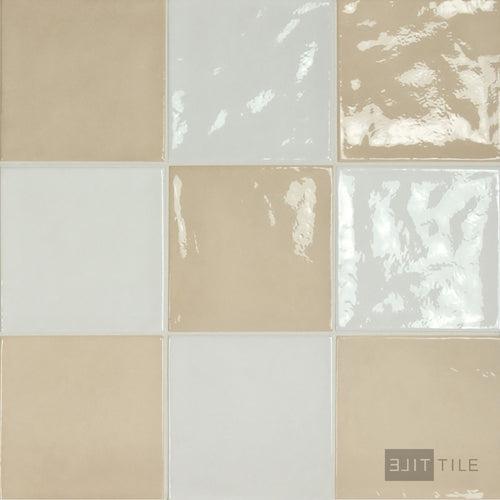 Village 5x5 Checkerboard Glossy Ceramic Tile in White and Mushroom