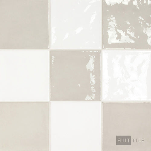Village 5x5 Checkerboard Glossy Ceramic Tile in White and Silver Mist