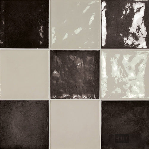 Village 5x5 Checkerboard Glossy Ceramic Tile in Silver Mist and Black