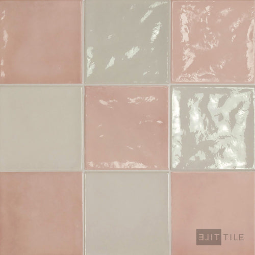 Village 5x5 Checkerboard Glossy Ceramic Tile in Silver Mist and Rose Gold