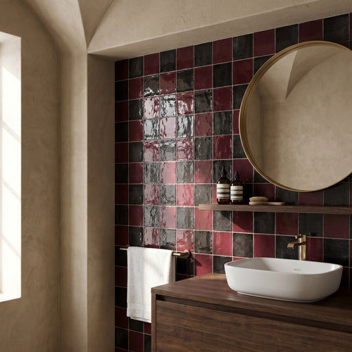 Village 5x5 Checkerboard Glossy Ceramic Tile in Aubergine and Black